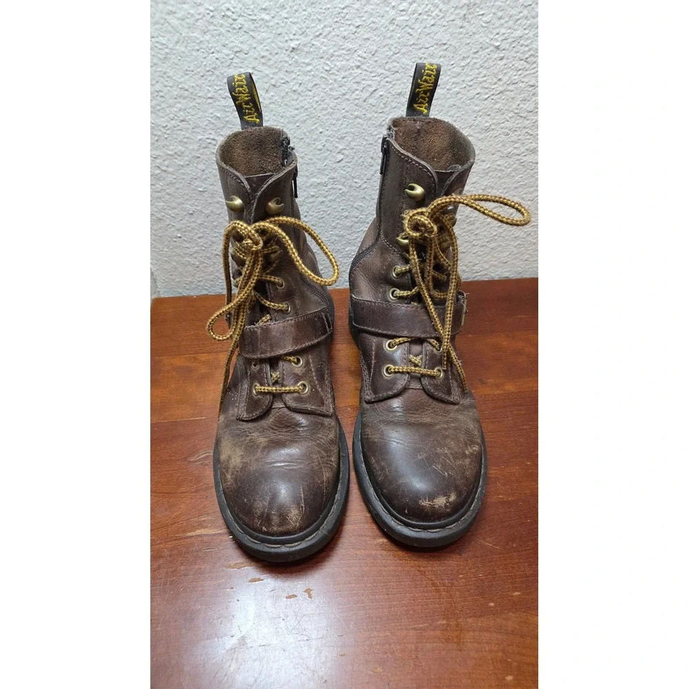 Dr. Martens Brown Leather Buckle Strap Side Zip Combat Boots Mens 8 Brown